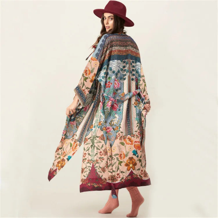 Long Cardigan for Women Kaftan Robe Light Green Cotton Rayon Floral Embroidery Beach Wear Blouse Long Sleeve Loose Boho Vestidos