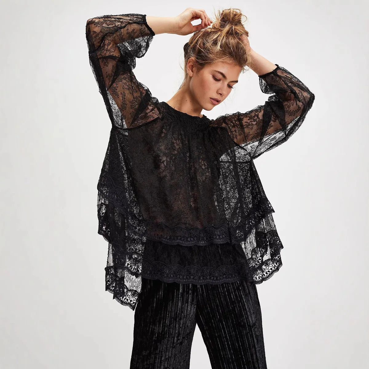 Oversize Loose Bow Lace-up Back Floral Lace Blosues Shirts for Women Tops Ruffles Lantern Long Sleeve O Neck Boho Beach Blouse