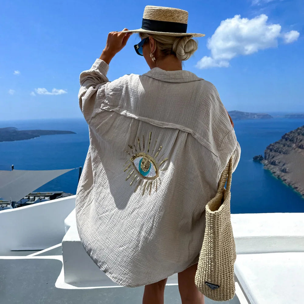 Oversize Loose  Women's Blouses Shirts Casual V-neck Sequin Embroidery Long Sleeve Spring Summer Blouse Boho Beach Cover-up Tops