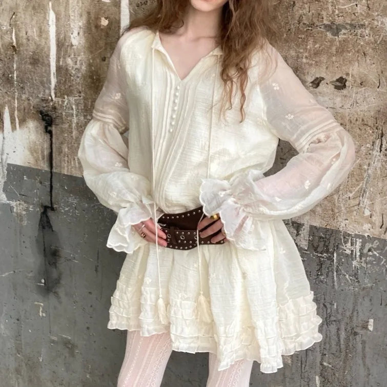 Romantic Bohemian Mini Dress Lightweight Semi-sheer Floral Embroidery Tassel Tie Tiered Hem Bishop Sleeves Dresses Women Robe