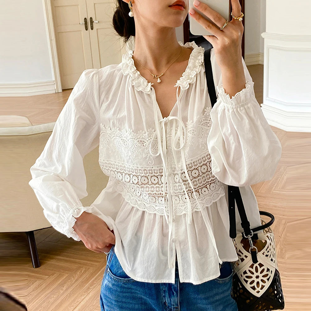 Boho Autumn Floral Lace Women's Shirt Puff Long Sleeve A-line Loose Blouses Shirts White 100% Cotton Lace-up Blouse Ladies Tops