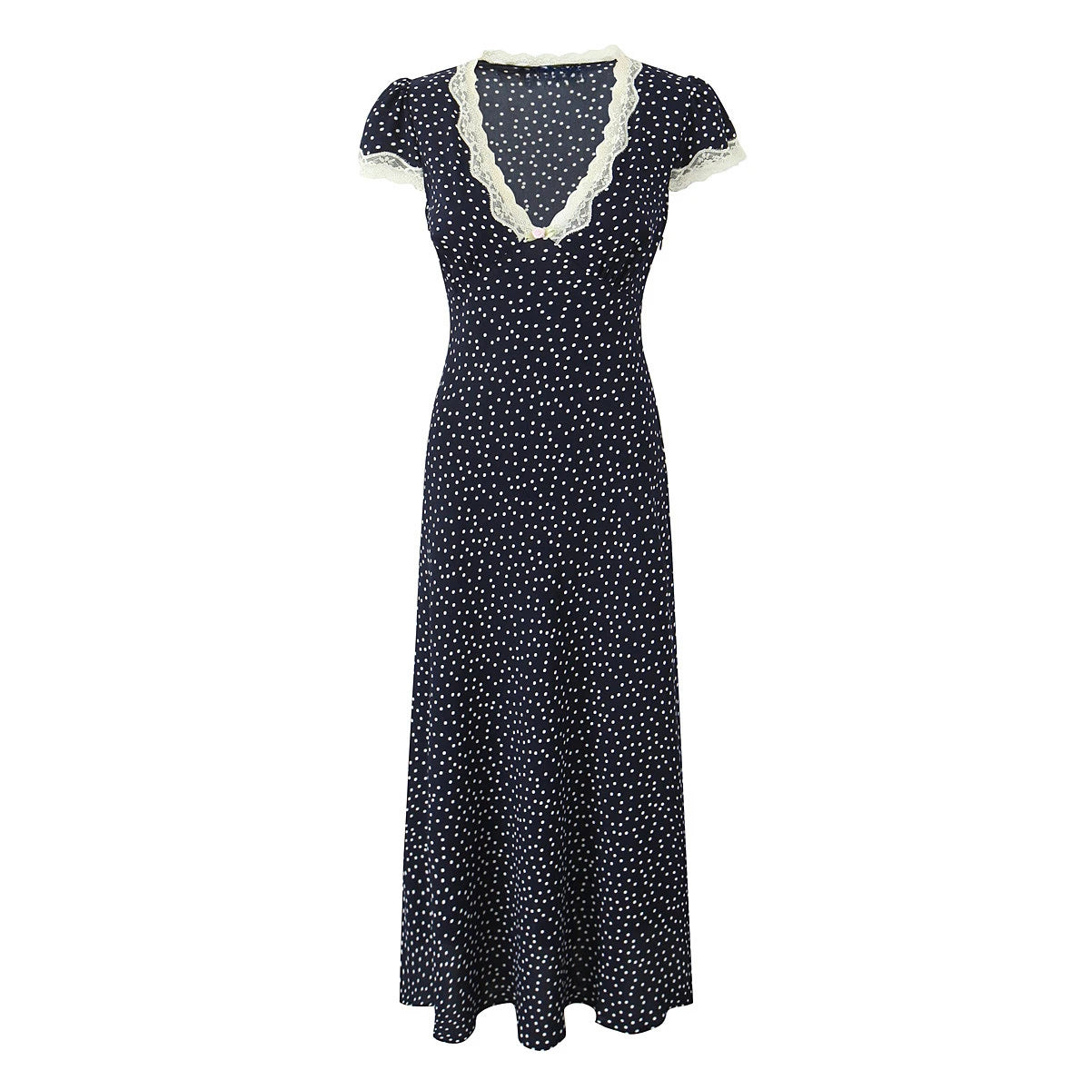 Sexy Deep V Neck Maxi Dresses Women Party Vintage Elegant Navy Cotton Rayon Polka dot Prined Splice Lace Dress Summer Vestidos