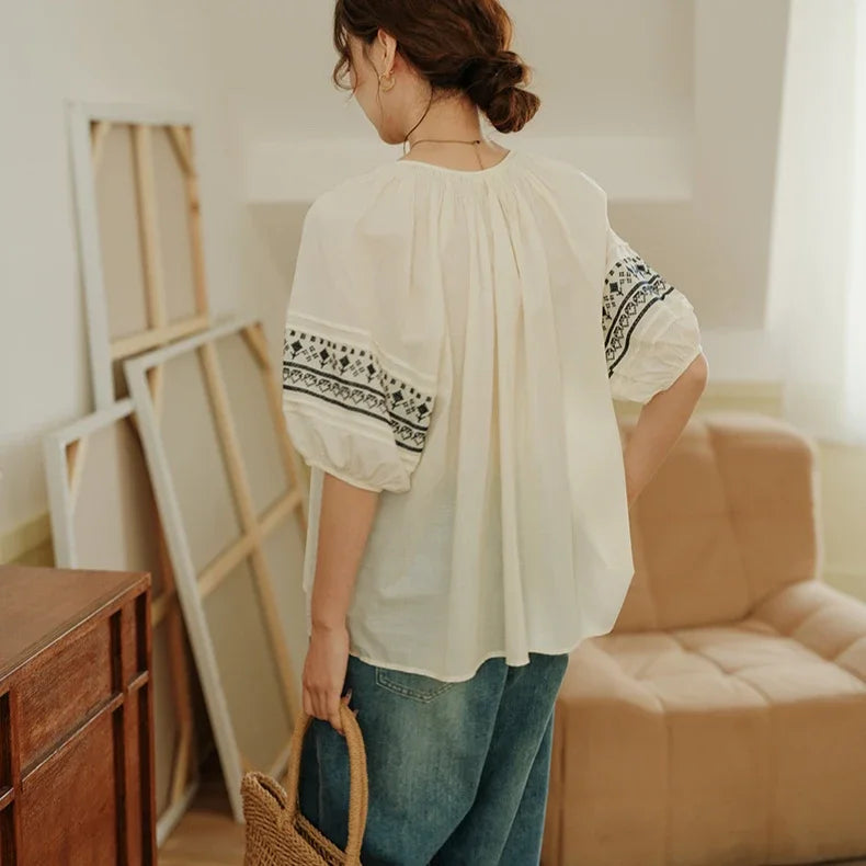 White Cotton Linen Floral Embroidery Blouses Shirts For Women Tops Casual Oversize Loose Blouse Summer Boho Beach Shirt Blusas