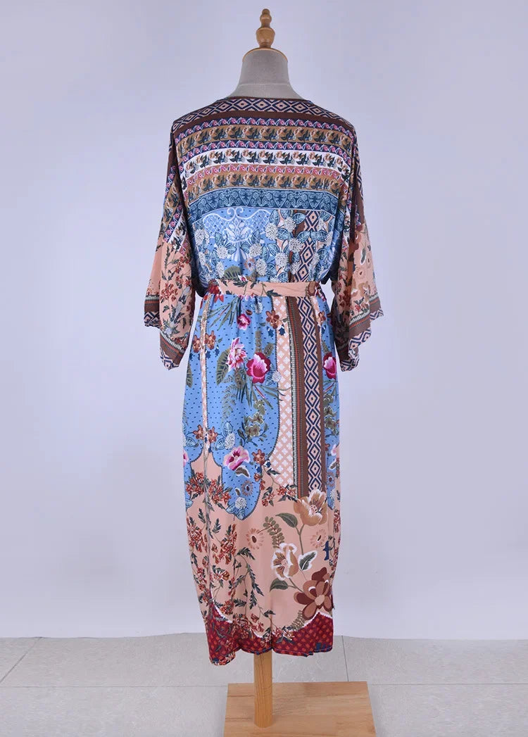 Rayon Cotton Floral Printed Kimono Sleeve Summer Dresses Swim Cover Up Dress Boho Beach Wear Robe Cardigan Coverup Vestidos