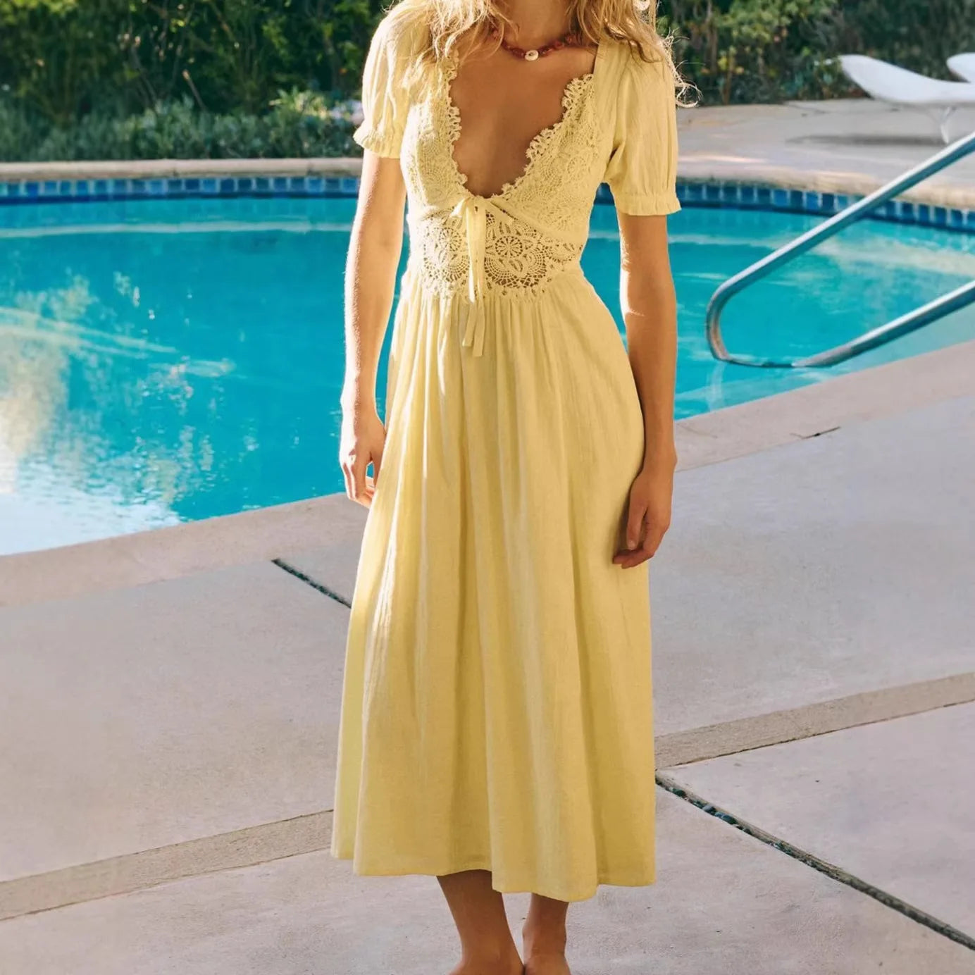 100%cotton Sexy Deep V Neck Backless Hollow Out Lace Maxi Dress Women's Robe Vacation Dresses Summer Boho Beach Ladies Vestidos