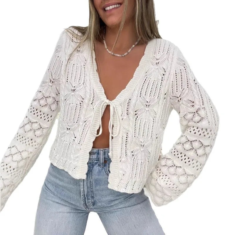 White Hollow Out Lace Upknitted Sweaters For Women Blouses shirts Long Sleeve Autumn Boho Beach Blusas Ladies Tops Cardigan Top