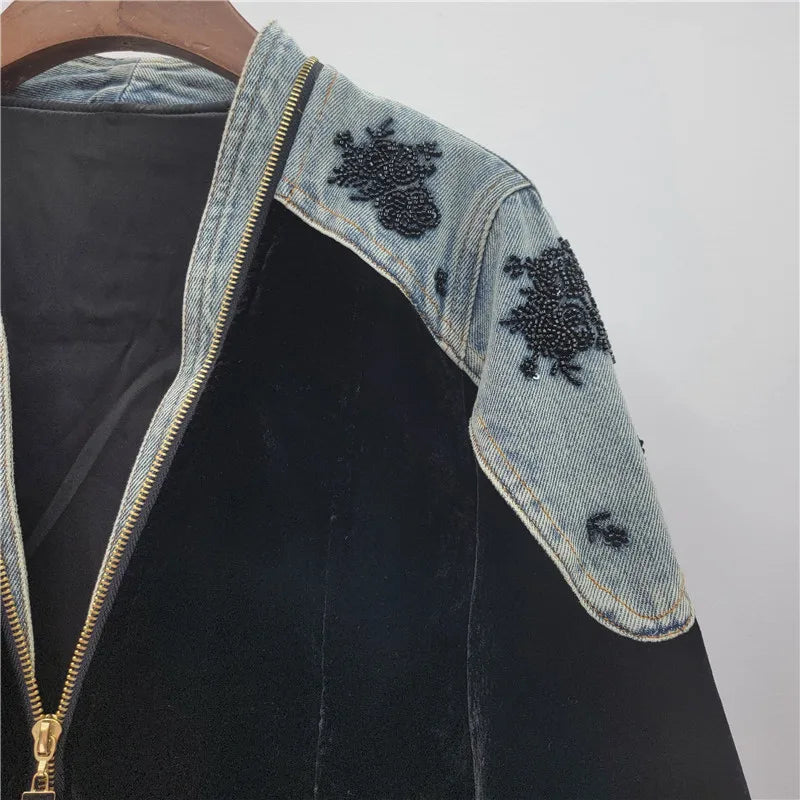 Vintage Velvet Coat Jacket for Women Autumn Patchwork Denim Long Sleeve V Neck Jackets Bead Embroidery Elegant Outerwear Coats