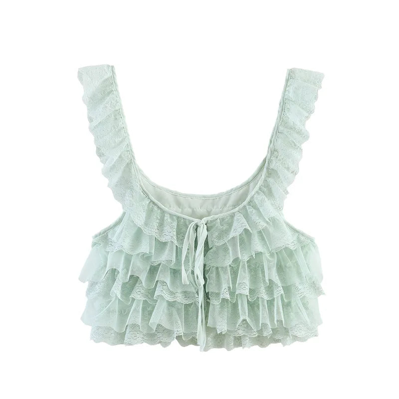Creamy Lace Ruffled Layered Strappy Top Women Blouses Vintage Sleeveless O Neck Cropped Camisole Boho Beach Sheer Tanks Tops