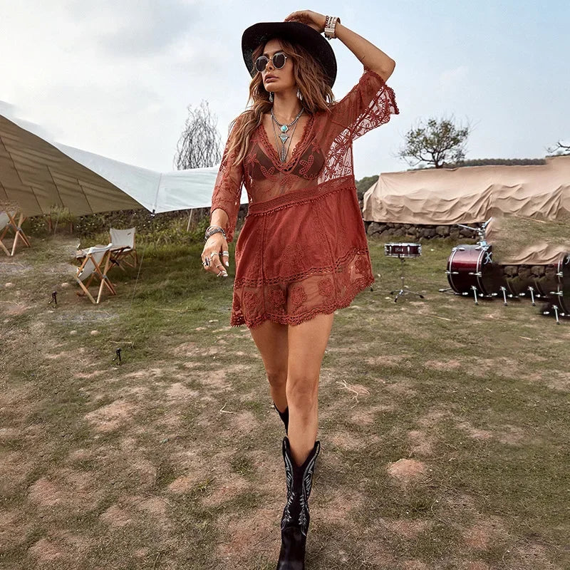 AYUALIN Floral Embroidery Loose Sexy Bikini Tunic Vintage Deep V-neck Boho Lace Cover-Ups Women Summer Mini Robe  Beach Wear