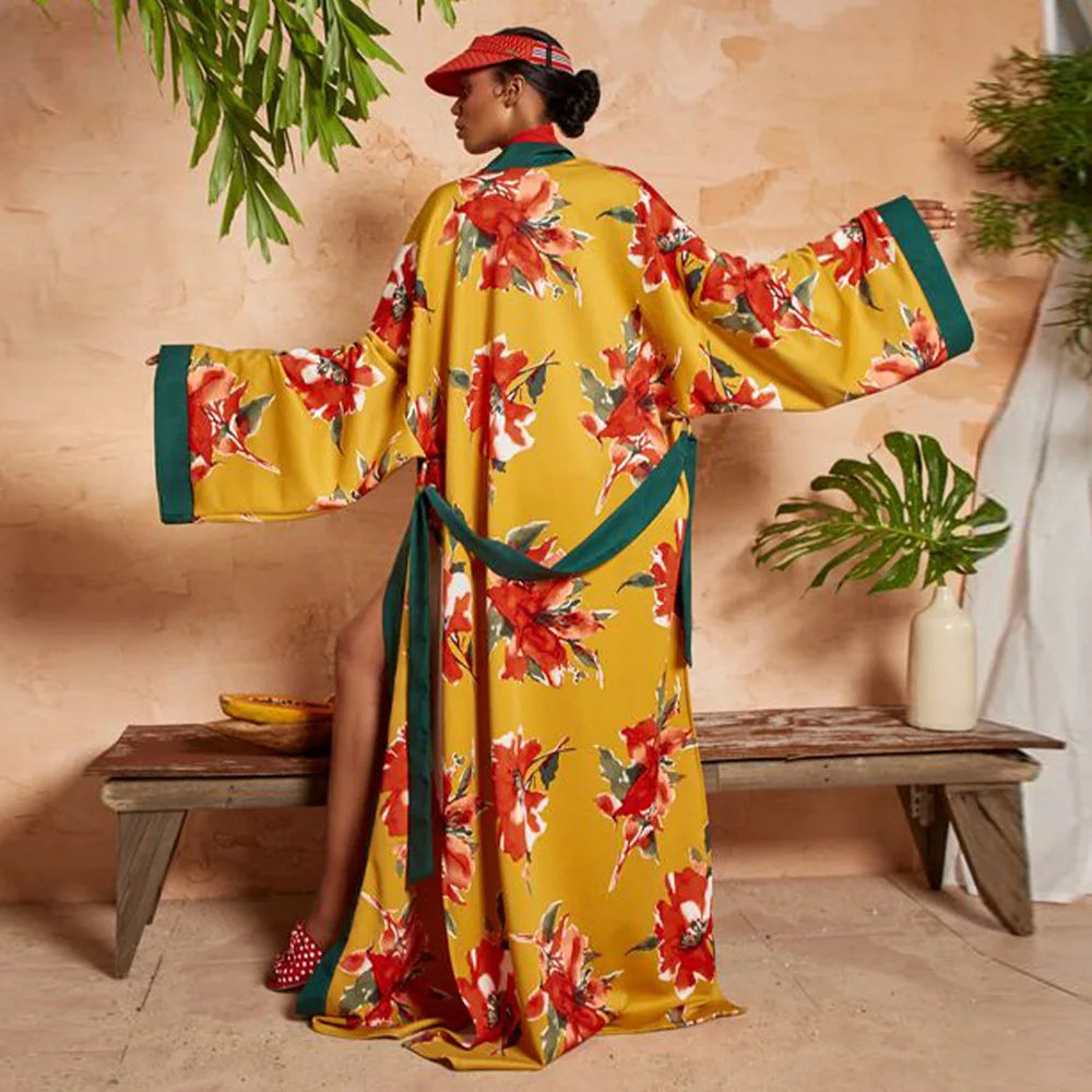 Floor-length Kimono Cardigan for Women Kaftan Robe Gown Silk Floral Printed Cover-up Pajamas Bathrobe Boho Beach Wear Dresses