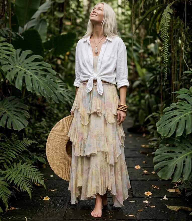Boho Beach Irregular Long Skirts for Women Chiffon Printed Summr Skirt Gypsy Retro Elastic Waist A-line Loose Falda Mujer