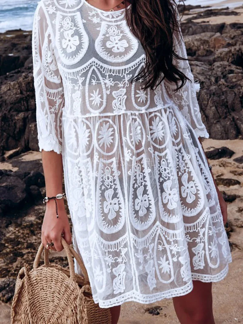 AYUALIN Sheer Lace Mini Dresses Women Vintage White Cotton Floral Embroidery Sexy Boho Beach Bikini Cover Up Summer Tunic Robe
