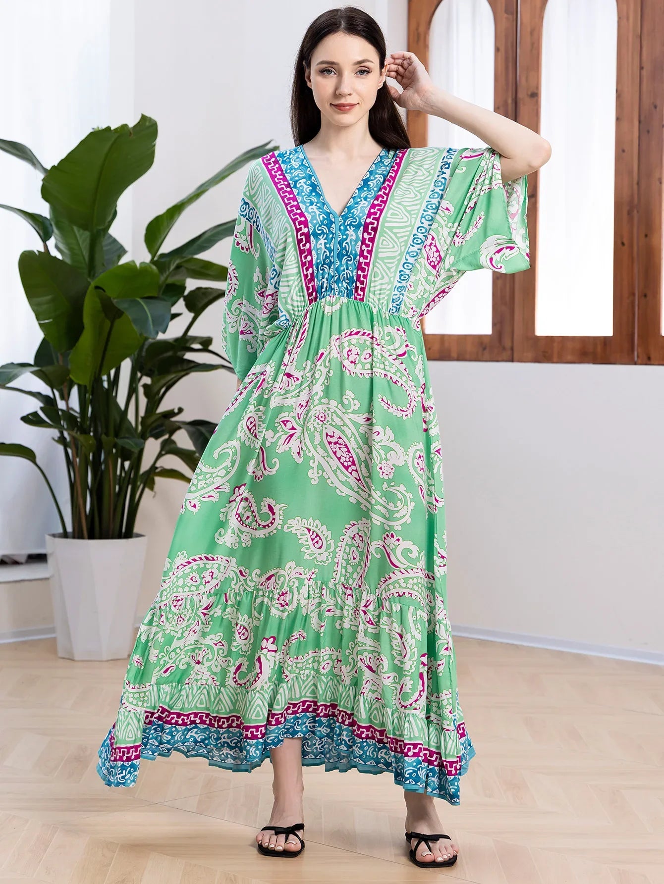 Deep V Neck Cotton Rayon Floral Printed Long Dress Summer Boho Beach Cover up Casual Loose Elastic Waist Maxi Dresses Women Robe