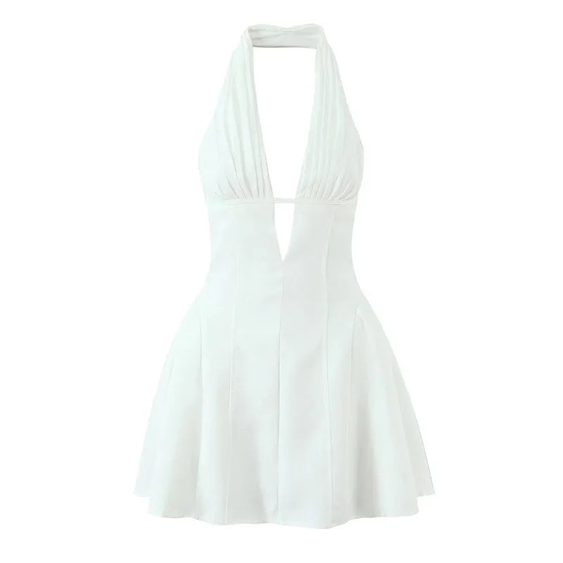 Sexy Deep V-neck Backless Mini Dresses Women Summer Cinched Waist Vintage Halter Neckline Sweet Spicy Girl  Boho Beach Dress