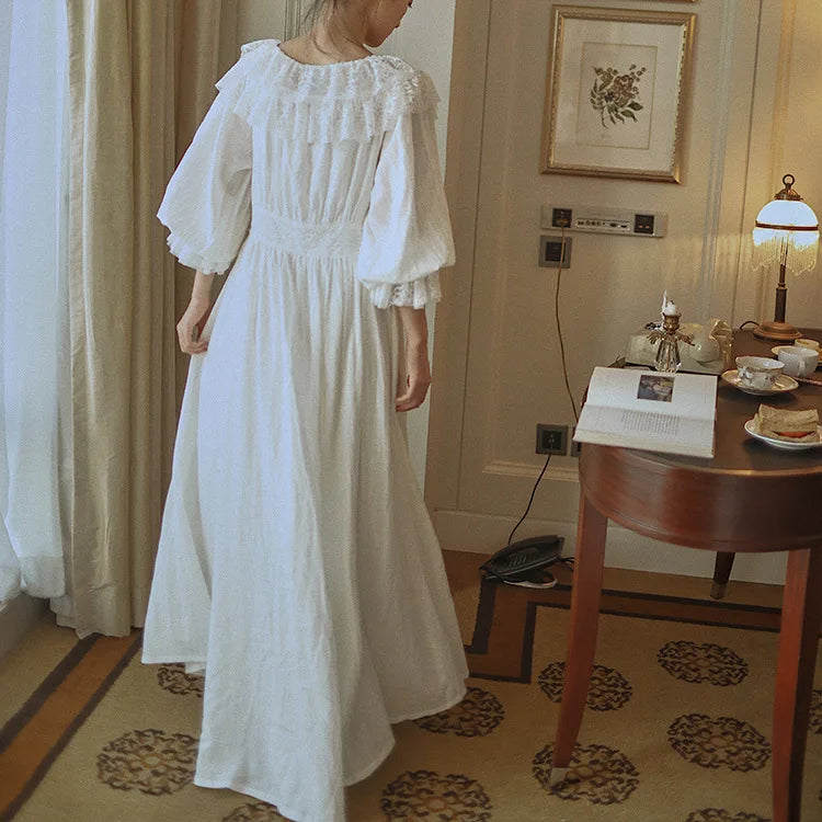 Gypsy Boho Lace Puff Long Sleeve Dresses Women Vintage 100%cotton Loose Sleepwear Dress Good Night Spring Summer Vestidos Robe