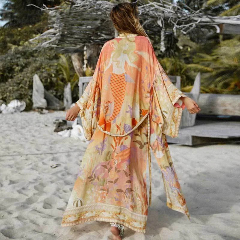 AYUALIN Floral Print Kimono Cardigan Long Blouse Fer Women Swim Cover Up Summer 2025 Boho Kaftan Beach  Femme Blouses Vestidos