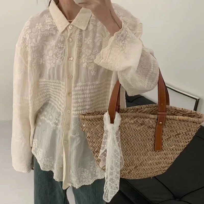Long Sleeve Casual Boho Beach Wear Blouse White Cotton Embroidery Lace Blouses Shirts For Women Top Vintage Spring Summer Blusas
