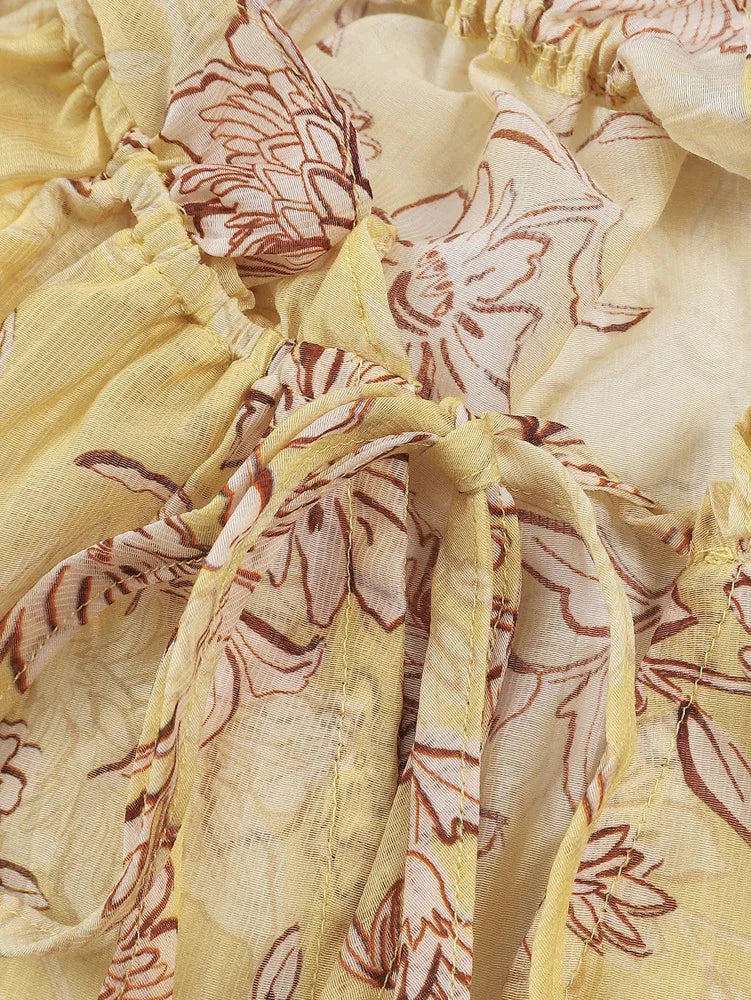Chic Yellow Floral Printed Blouses Shirts for Women Tops Casual Lace-up Flare Long Sleeves Blouse Summer Boho Beach Loose Blusas