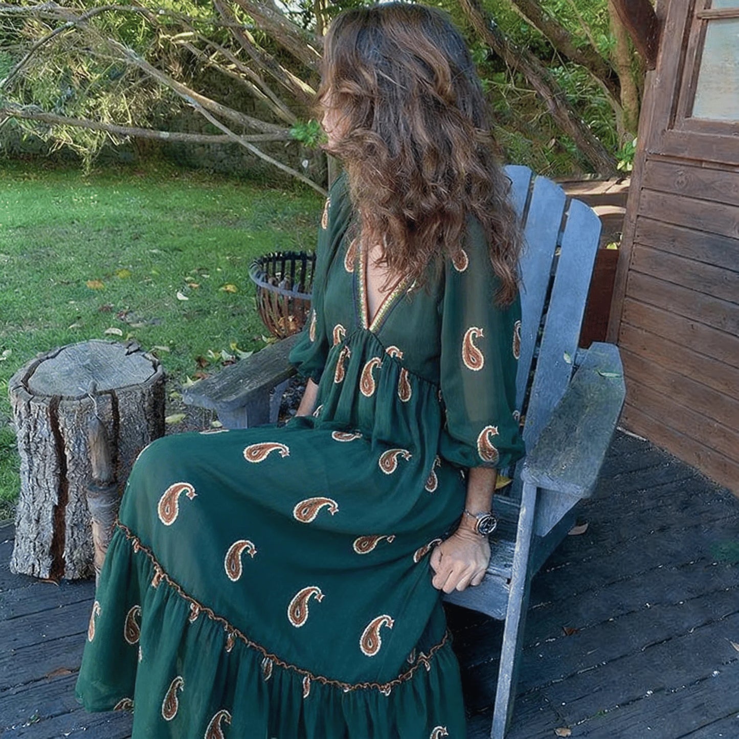 Rayon Maxi Dresses Women Vintage Spring Women's Lantern Long Sleeve Deep V Neck Dress Floral Printed Loose A-line Boho Beach