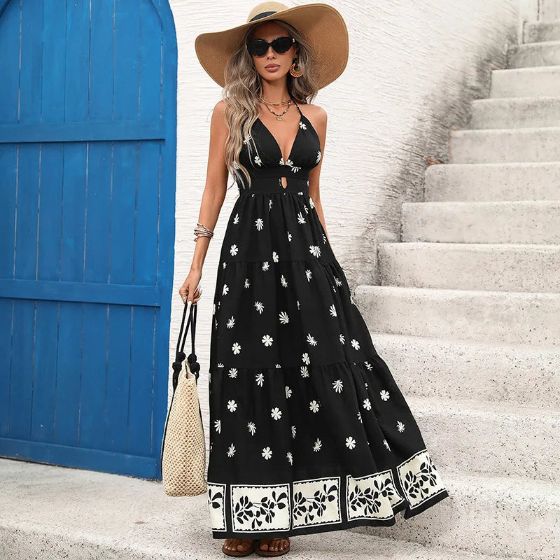 Boho Beach Vacation Maxi Dresses Women Robe Cotton Printing Sexy Deep V Neck Sleeveless Backless Dress Summer Ladies Vestidos