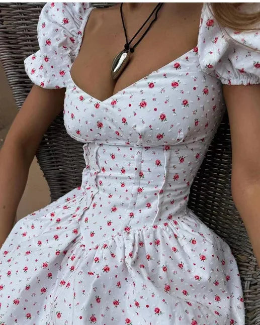 Lovely Mini Dresses for Women Summer Vintage Sexy V Neck Short Puff Sleeve Lace-up Back Waist Print Dress Party Female Vestidos