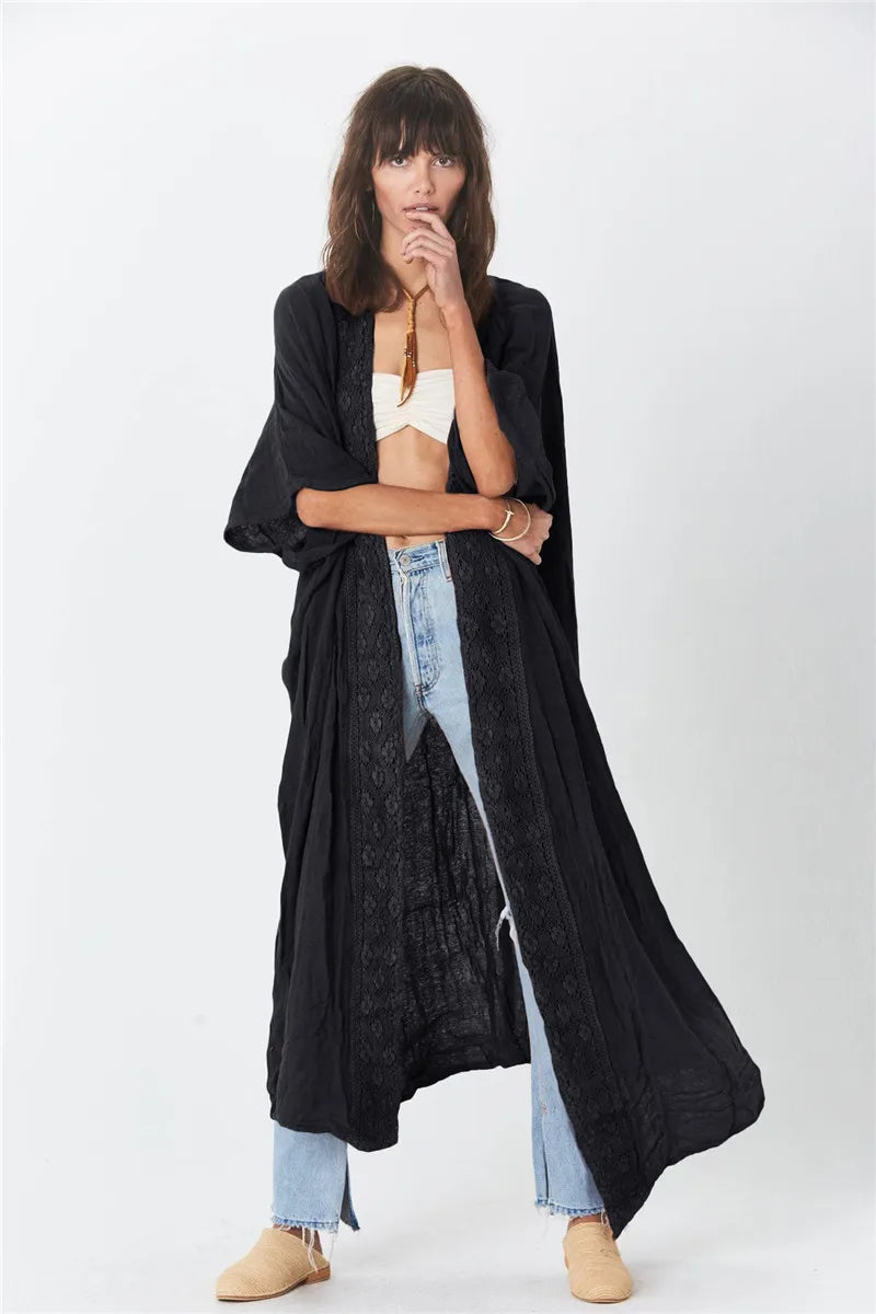 Cotton Rayon Boho Beach Wear Bikini Swim Cover Up Women Kimono Robe Summer Vintage dress Boho Splice lace Loose Long Blouse