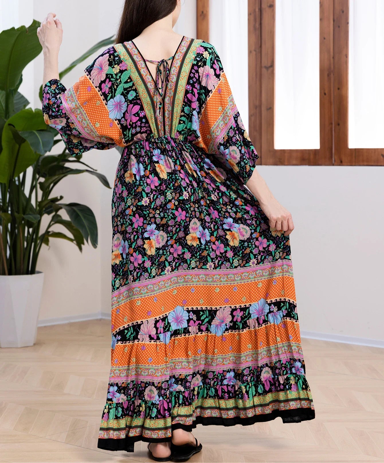 Deep V Neck Cotton Rayon Floral Printed Long Dress Summer Boho Beach Cover up Casual Loose Elastic Waist Maxi Dresses Women Robe