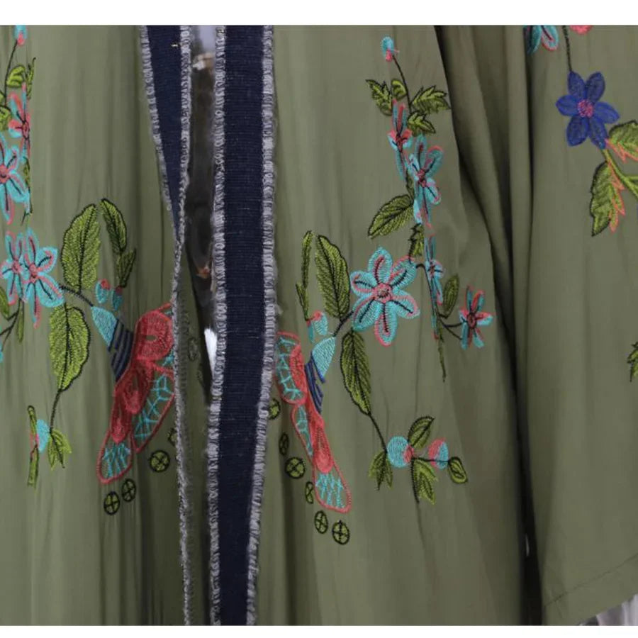 Long Cardigan for Women Kaftan Robe Light Green Cotton Rayon Floral Embroidery Beach Wear Blouse Long Sleeve Loose Boho Vestidos