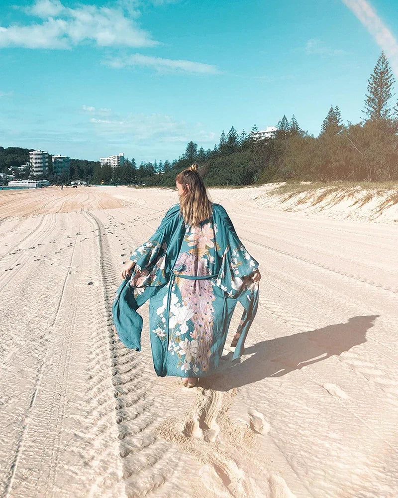 AYUALIN Kaftan Robe Blue Phoenix Floral Print Kimono Cardigan Boho Sexy Side Slits Gypsy Blusa Summer Loose Long Women Blouses