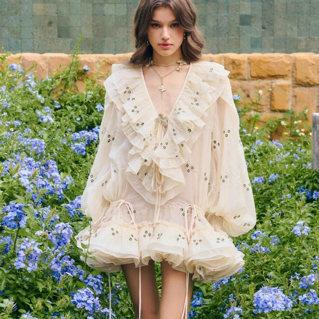 Ruffles V Neck Mini Dresses for Women Blusas Vintage Floral Embroidery Spring Long Sleeve Party Elegant Ladies Dress Vestidos