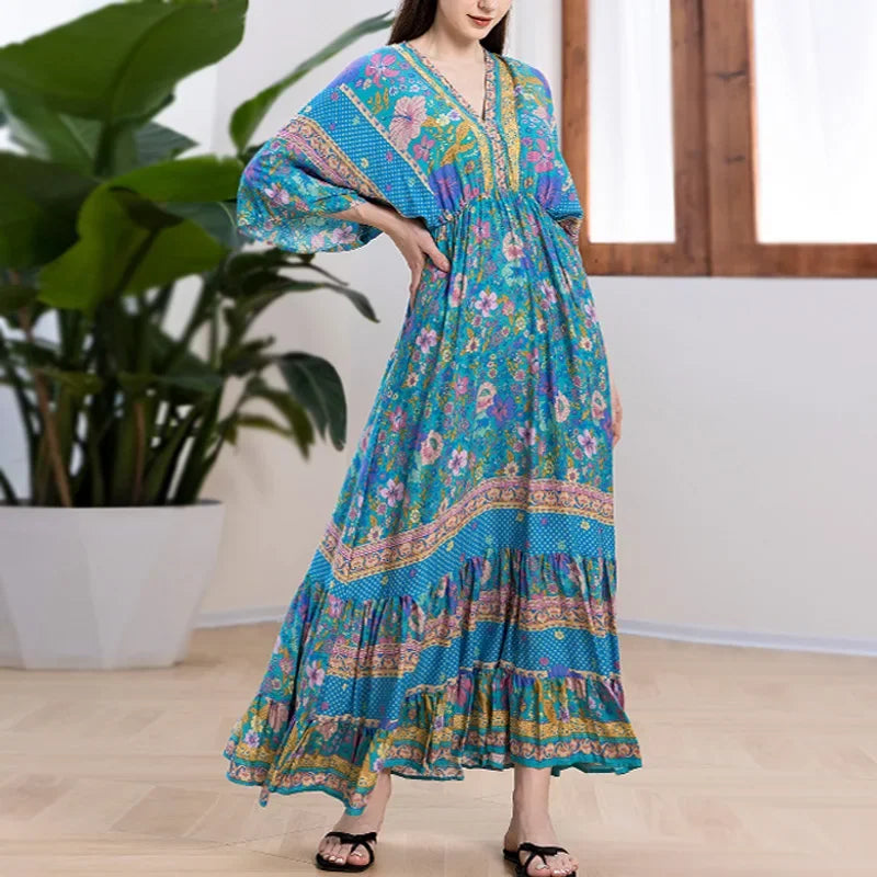 Deep V Neck Cotton Rayon Floral Printed Long Dress Summer Boho Beach Cover up Casual Loose Elastic Waist Maxi Dresses Women Robe