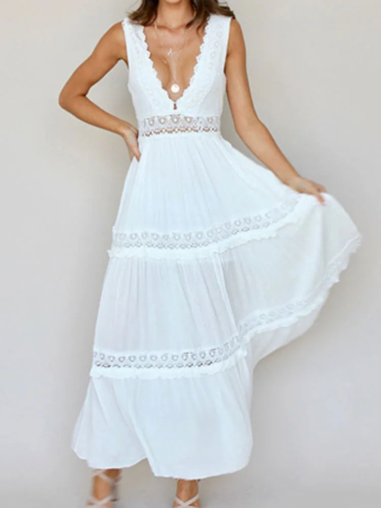 Floor Length Maxi Dresses for Women Robe Boho Beach Wear Deep V-neck Backless Cotton Rayon Lace Dress Summer Party Vestidos