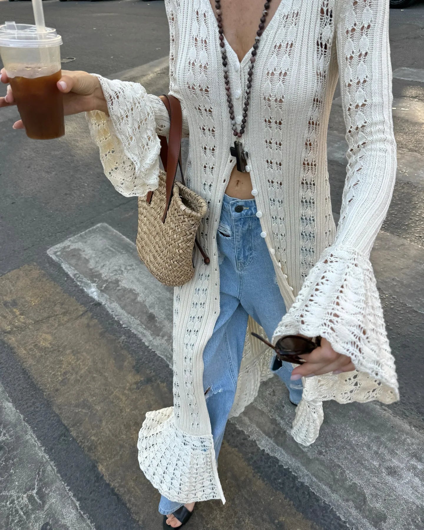 Cotton Knitted Hollow Out Dress Summer Flare Long Sleeve Cardigan Maxi Dresses Women Robe Vintage Slim Fit Boho Beach Vestidos
