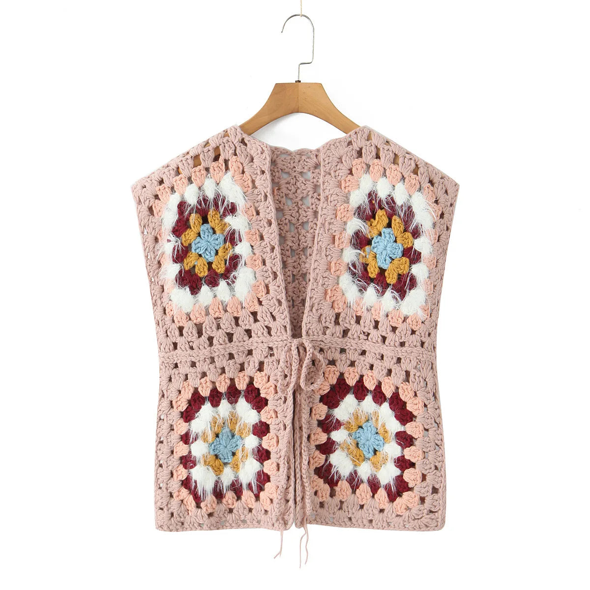 Ethnic Crochet Granny Square Vest Sweaters Women Coat Floral Hollow out knitted vest jacket Jumpers Autumn Spring Boho Sweater