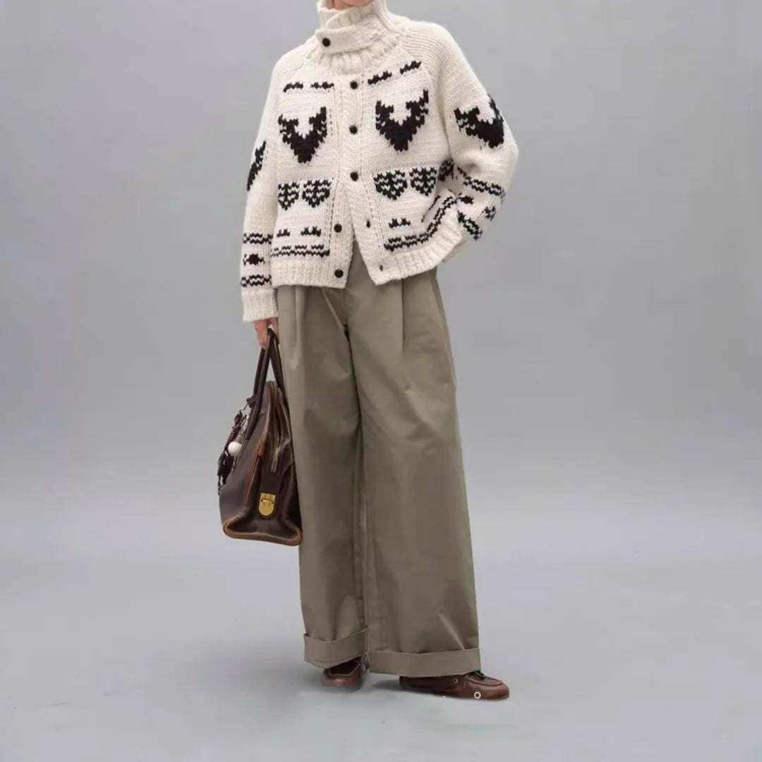Boho Chunky Knit Sweater Women Jacket knitted Coat Casual Jacquard Turtlneck Thick Warm Winter Pullovers Loose Outwear Jumper