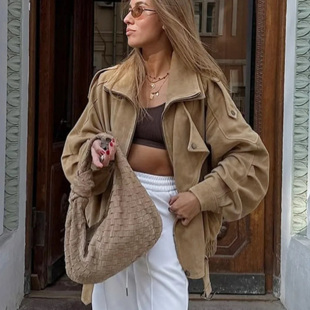 Oversize Brown Premium Suede Jacket for Women Coats Spring Autumn Long Sleeve Leather Fashion Short Jackets Casual Top Outwear