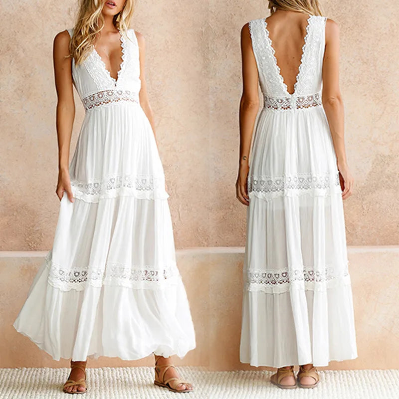 Floor Length Maxi Dresses for Women Robe Boho Beach Wear Deep V-neck Backless Cotton Rayon Lace Dress Summer Party Vestidos