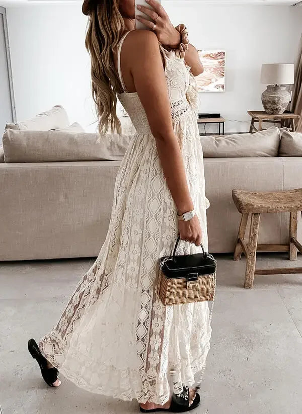 AYUALIN Sexy Sleeveless Backless Irregular Strap Dress Women Robe Vintage Tassel Boho Beach Vestidos Floral Lace Summer Dresses