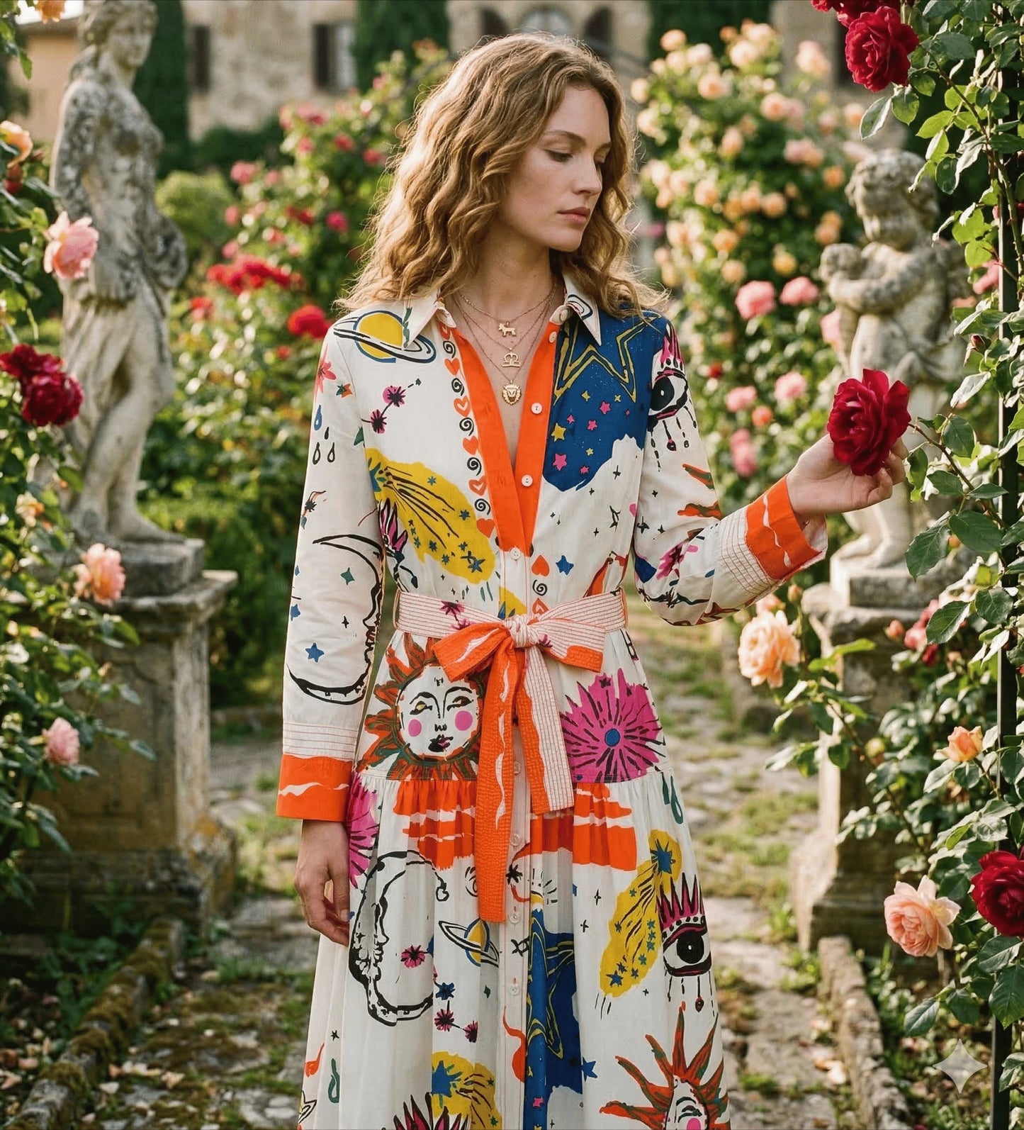 Long Shirt Dresses with Sashes for Women Front Butttons Up Cotton Rayon Pop Printed Boho Beach Holiday Dress Long Sleeve Tunic