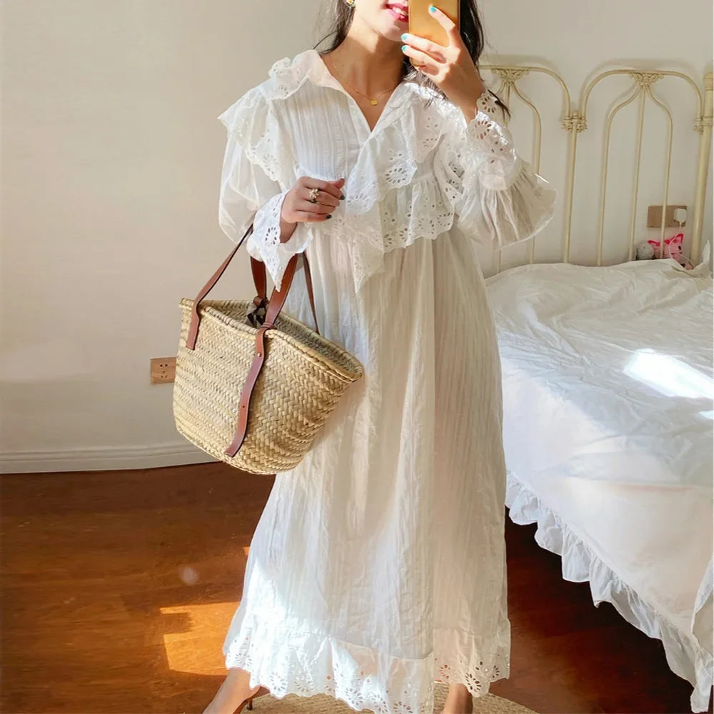Flare Long Sleeve Ruffles Dress For Women Robe Cotton White Floral Embroidery Lace Dresses Oversize Casual  Autumn Boho Vestidos
