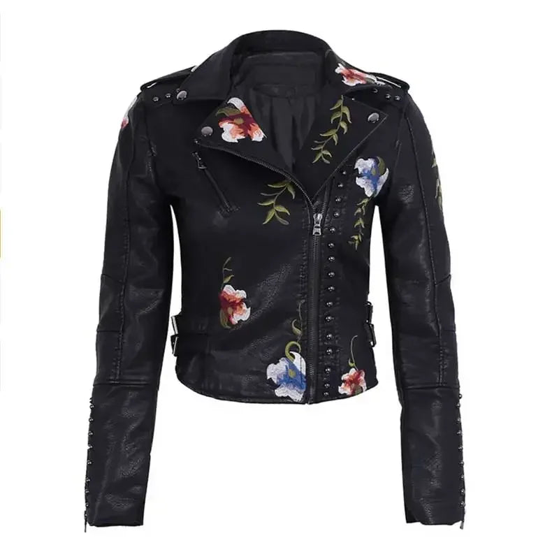 AYUALIN Long Sleeve Boho Leather Jacket Women Coat Floral Embroidery Vintage Rivet Zipper Spring Autumn Black Biker Moto Jackets