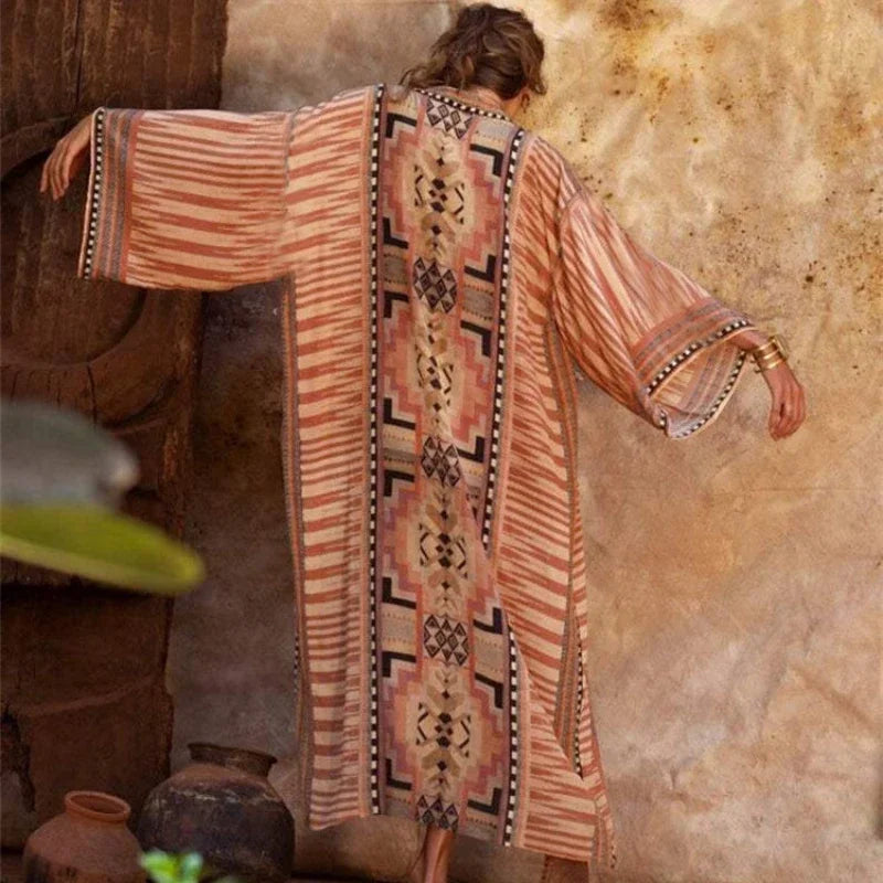 AYUALIN Boho Beach Cover Up Cotton Beige Ethnic Print Kimono Cardigan Dress Women Long Sleeve Tunic Blouse Vintage Vestidos Robe