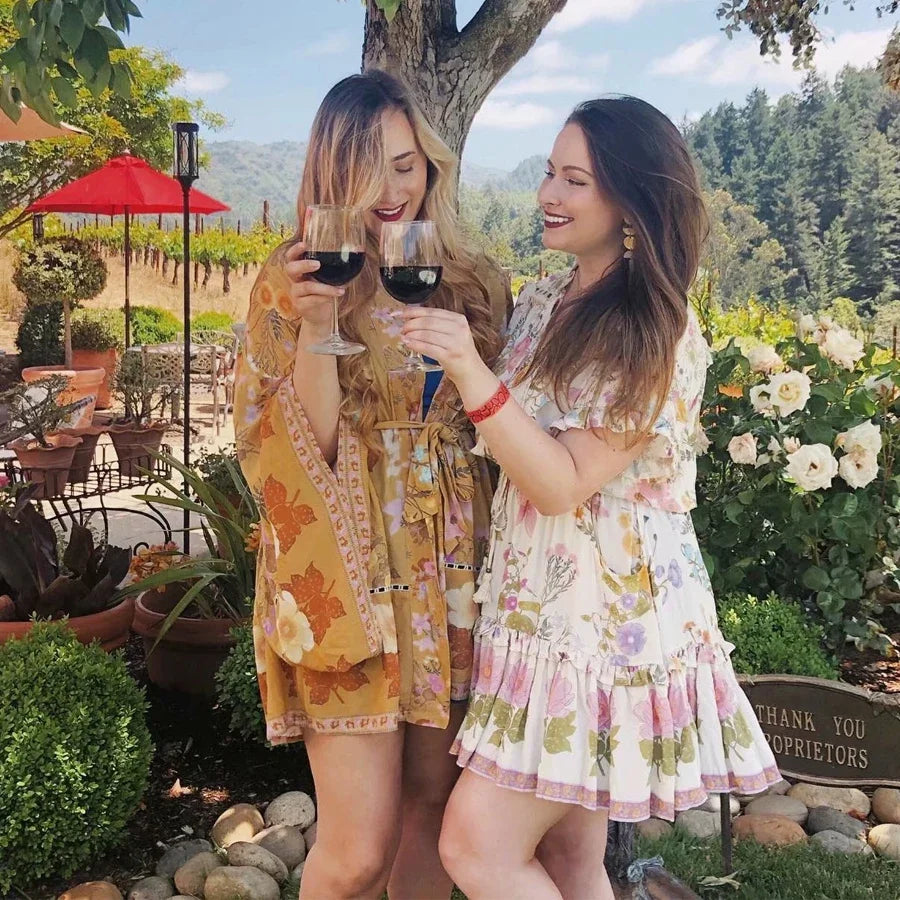 AYUALIN Short Kimono Cardigan Autumn Robe Yellow Floral Print Flare Long Sleeve Gypsy Beach Summer Loose Bohemian Women Blouses