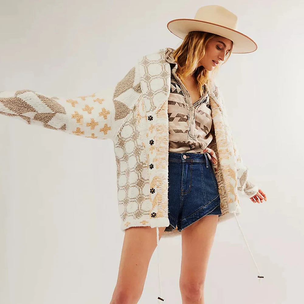 Chic Ethnic Pattern Embroidery Women Sweaters Cardigan Casual Loose Oversize Loose Vintage Knitted Autumn Winter Warm Coats