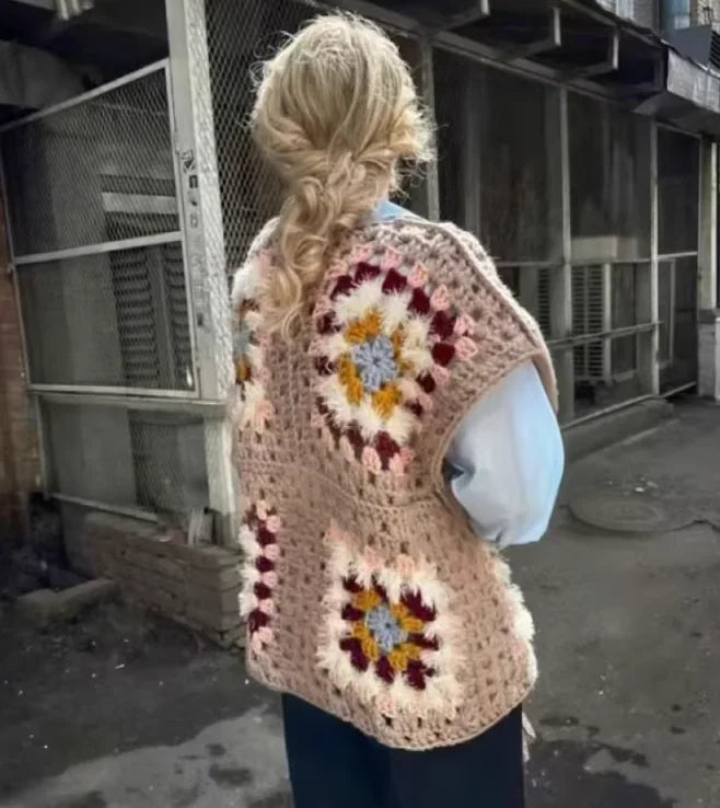 Ethnic Crochet Granny Square Vest Sweaters Women Coat Floral Hollow out knitted vest jacket Jumpers Autumn Spring Boho Sweater