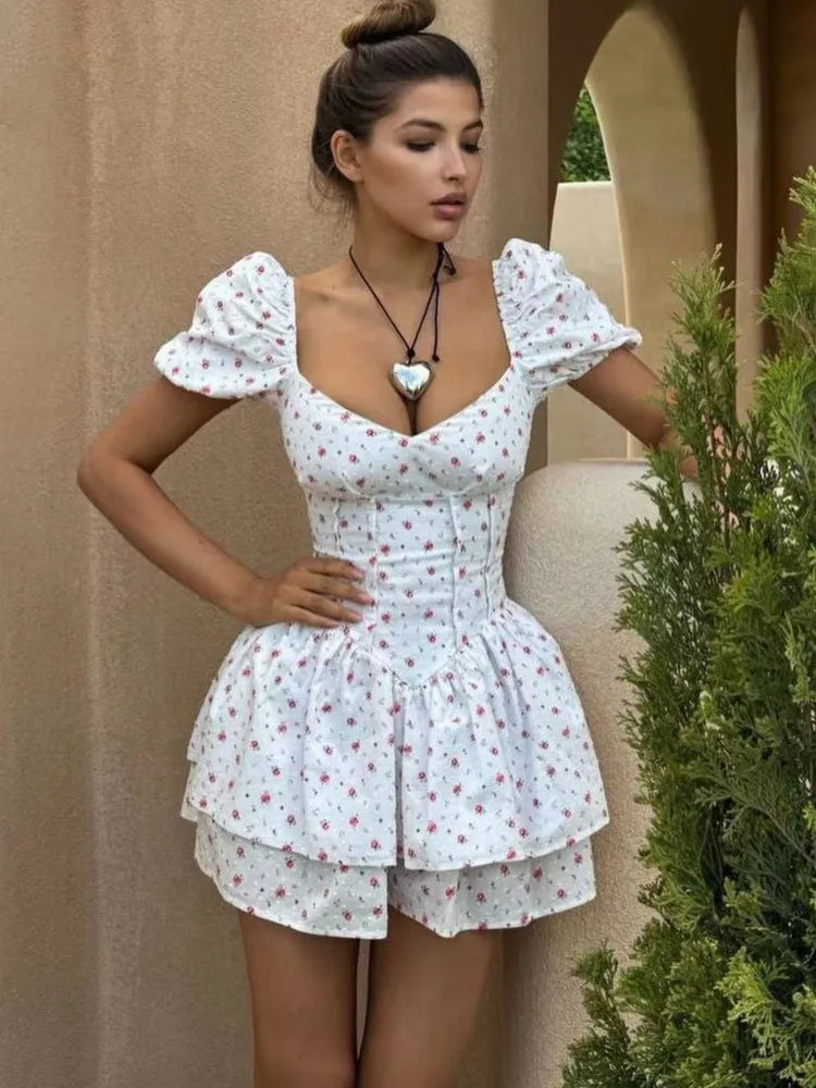 Lovely Mini Dresses for Women Summer Vintage Sexy V Neck Short Puff Sleeve Lace-up Back Waist Print Dress Party Female Vestidos