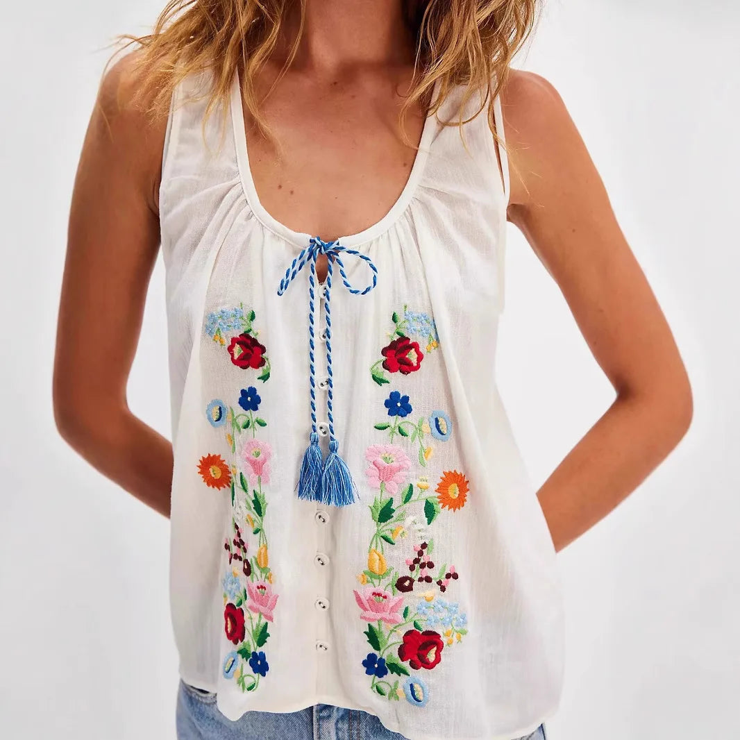 Cotton Floral Embroidered Tank Top Sleeveless Blouses Shirts for Women Casual Tassel Summer Blouse Boho Beach Camis Blusas Tops