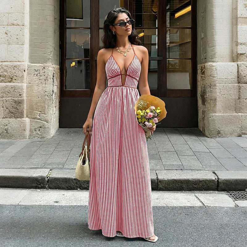Backless Sleeveless Deep V-Neck Maxi Dress for Women Robe Cotton Linen Striped Long Summer Dresses Boho Beach Party Vestidos