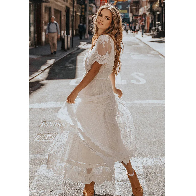 Bohemia Lace Maxi Dresses Women Party Vintage V Neck Elastic Waist Summer Dress Soft Chiffon Ruffles Boho Beach Ladies Vestidos