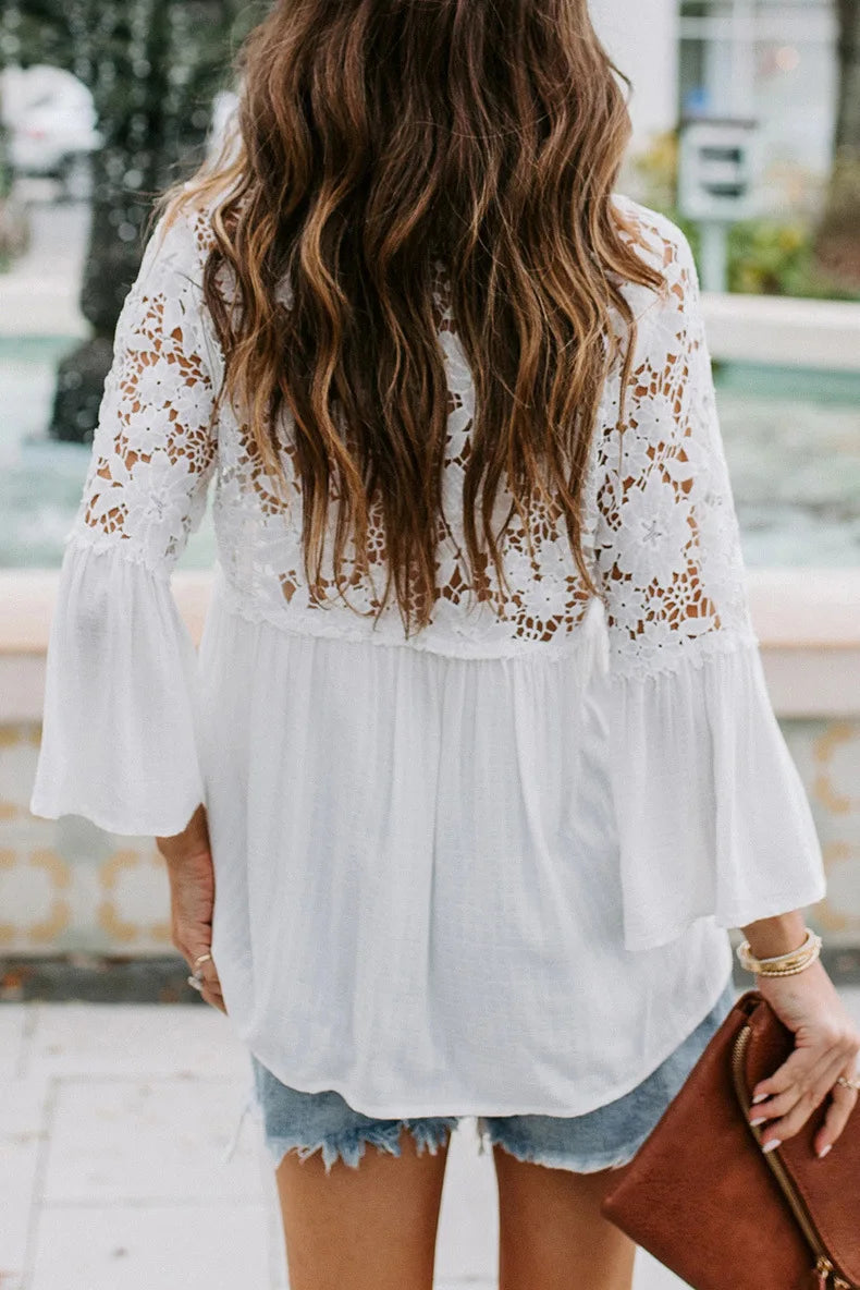 AYUALIN Hollow Out White Lace Blouses Shirt For Women Top Vintage V Neck Flare Sleeve Summer Blouse Ladies Boho Blusas boho